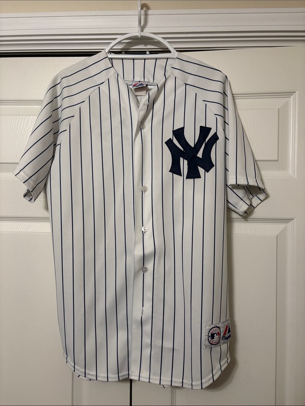 Majestic White Navy Pinstripe New York Yankees Jersey